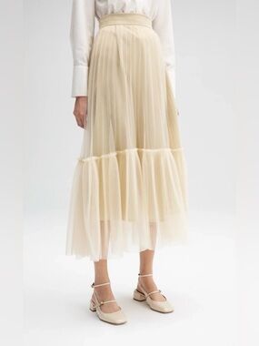 TCEC Cream Pleated Tulle Midi Skirt